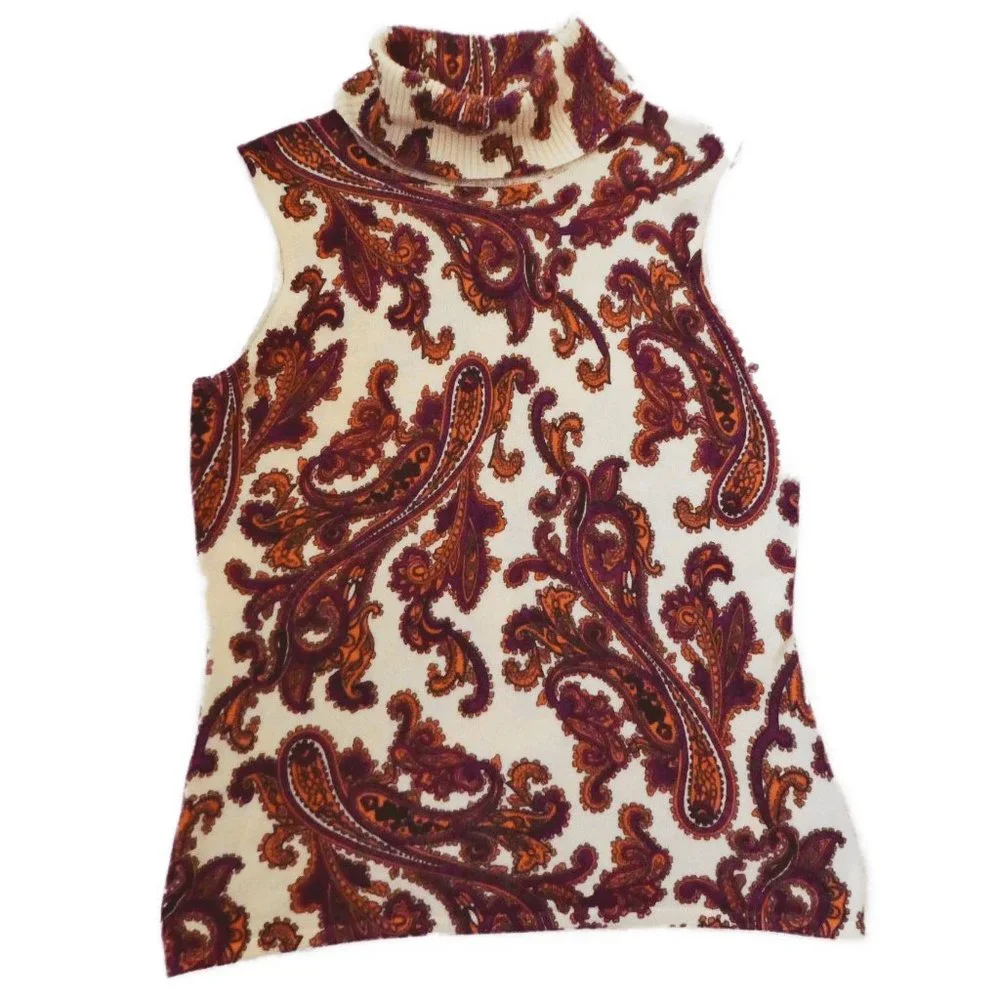 Pure CaSHMeRe Sutton Studio Turtleneck Sweater Sleeveless Paisley Vintage M